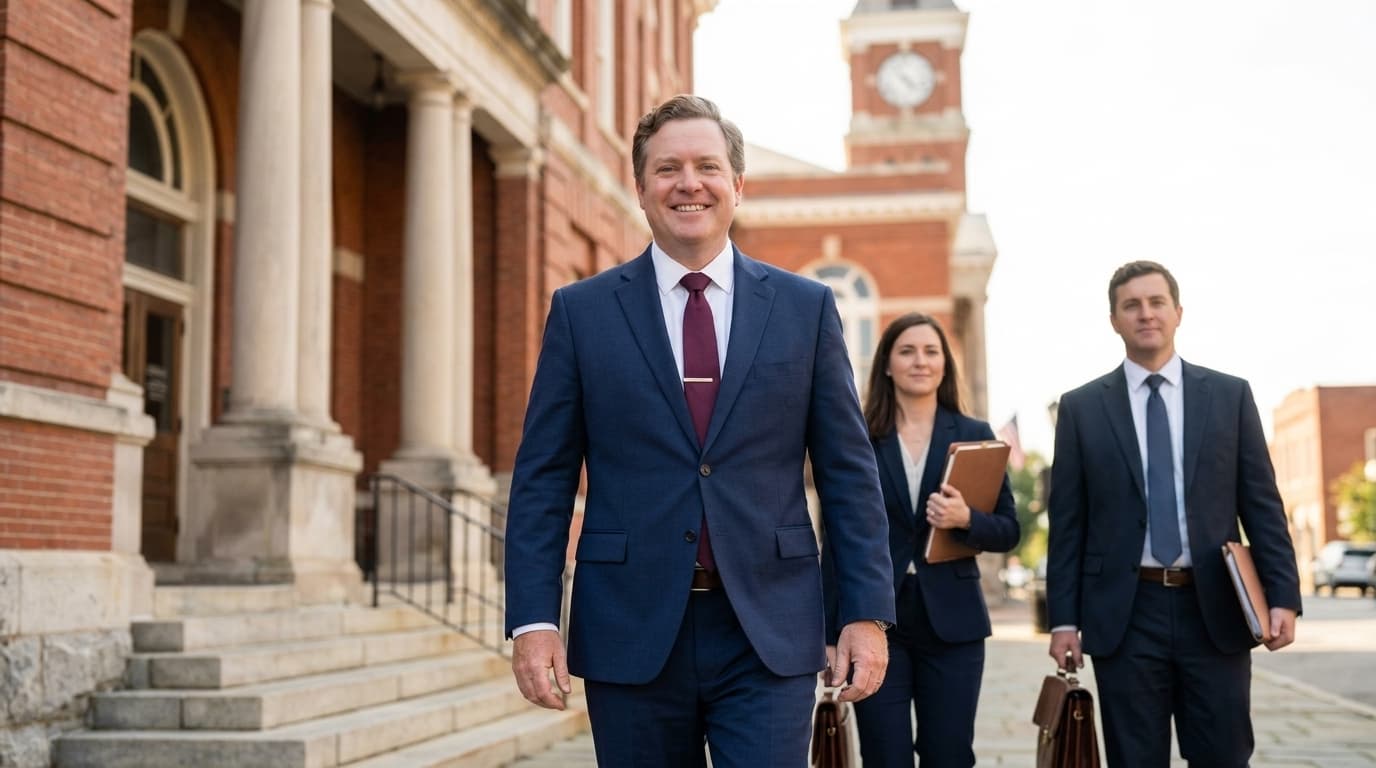 Attorney Williams and legal team outside the historic courthouse